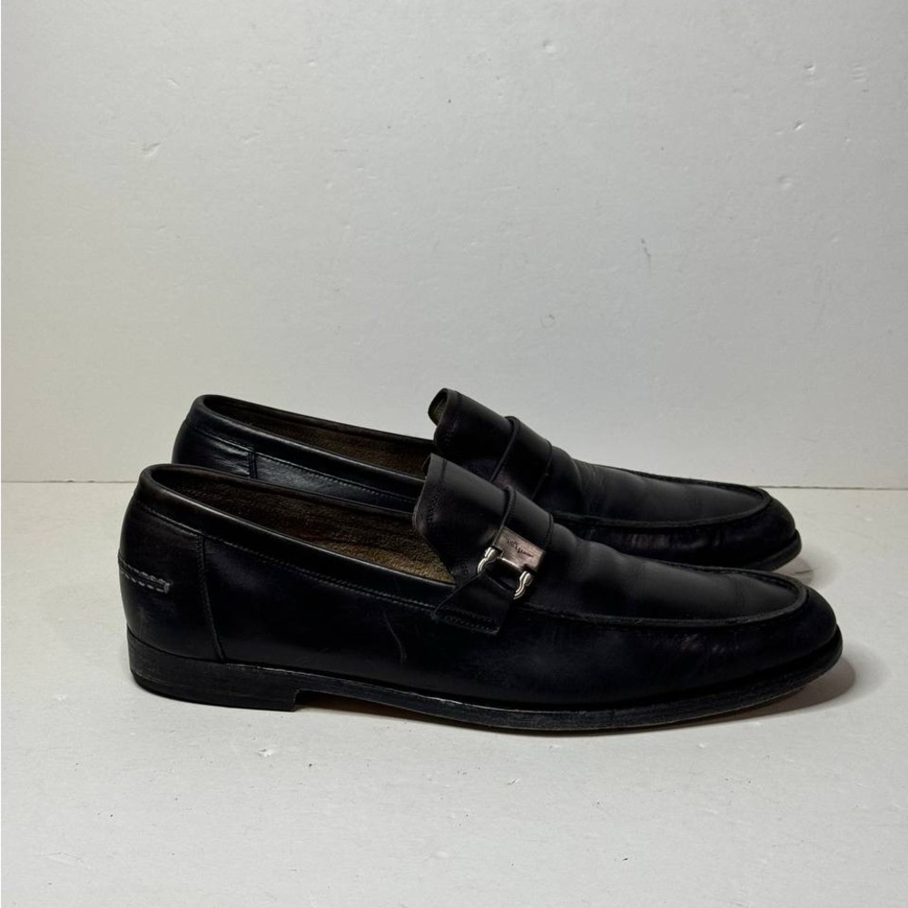 Salvatore Ferragamo Black Leather Loafers Buckle Strap Men's 9 Shoes